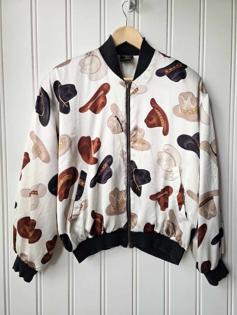 Vintage Marc Allan White Cowboy Hat Print Western Bomber Jacket Size 6